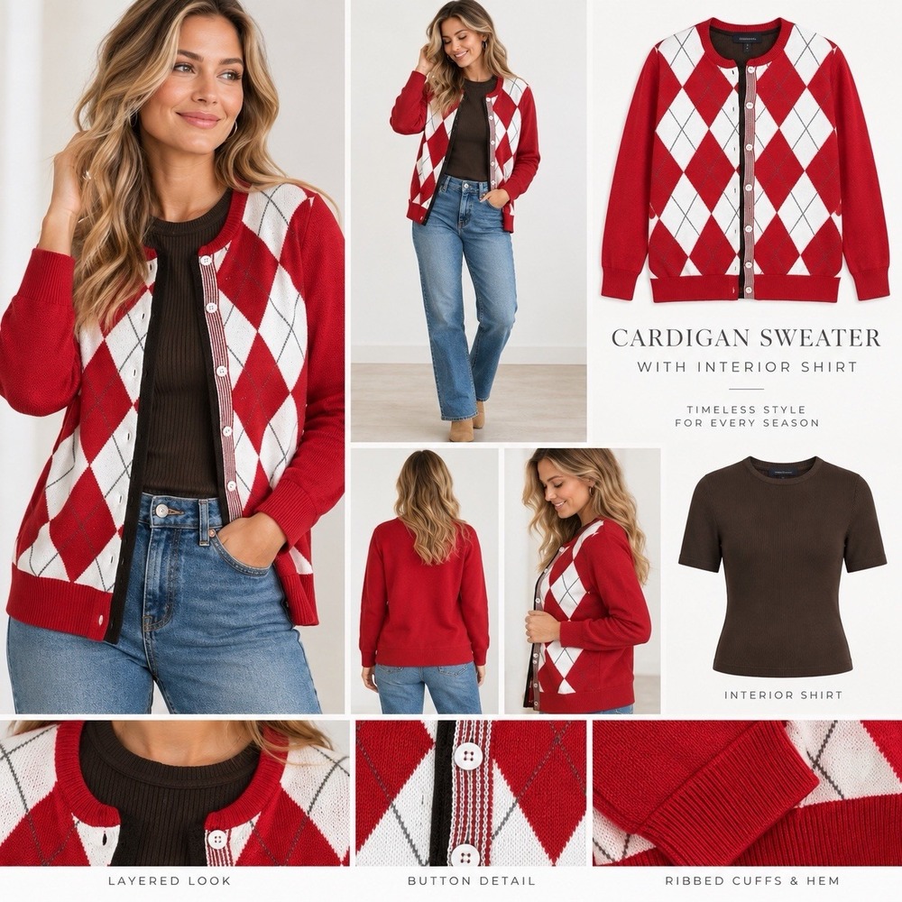 Lands End Womens S/M 2 Piece Supima Cotton Red Argyle New Sweater Cardigan Set